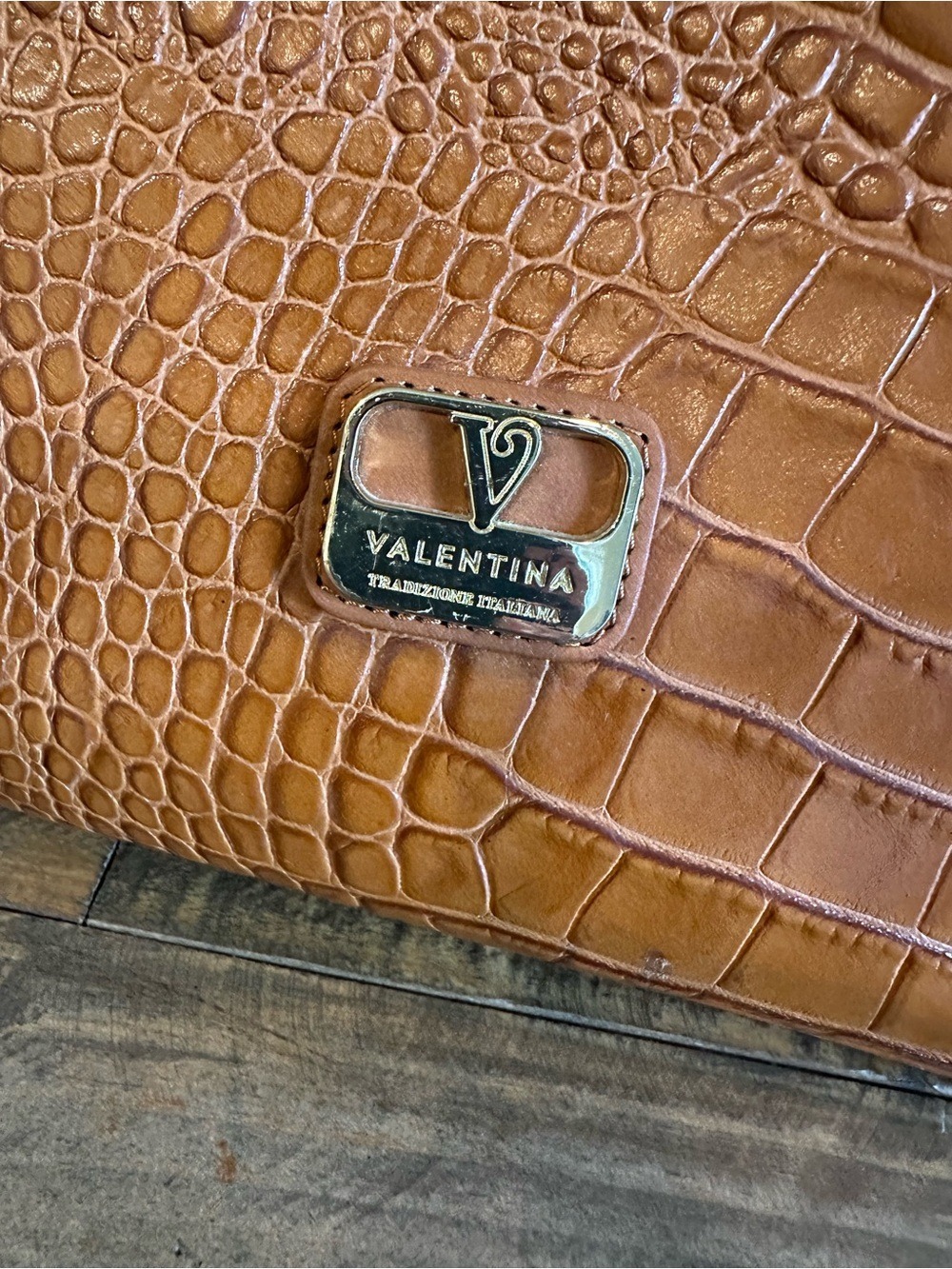 Valentina Tradizione Cognac Croc Embossed Genuine Leather Tote Made in Italy - Picture 3 of 8
